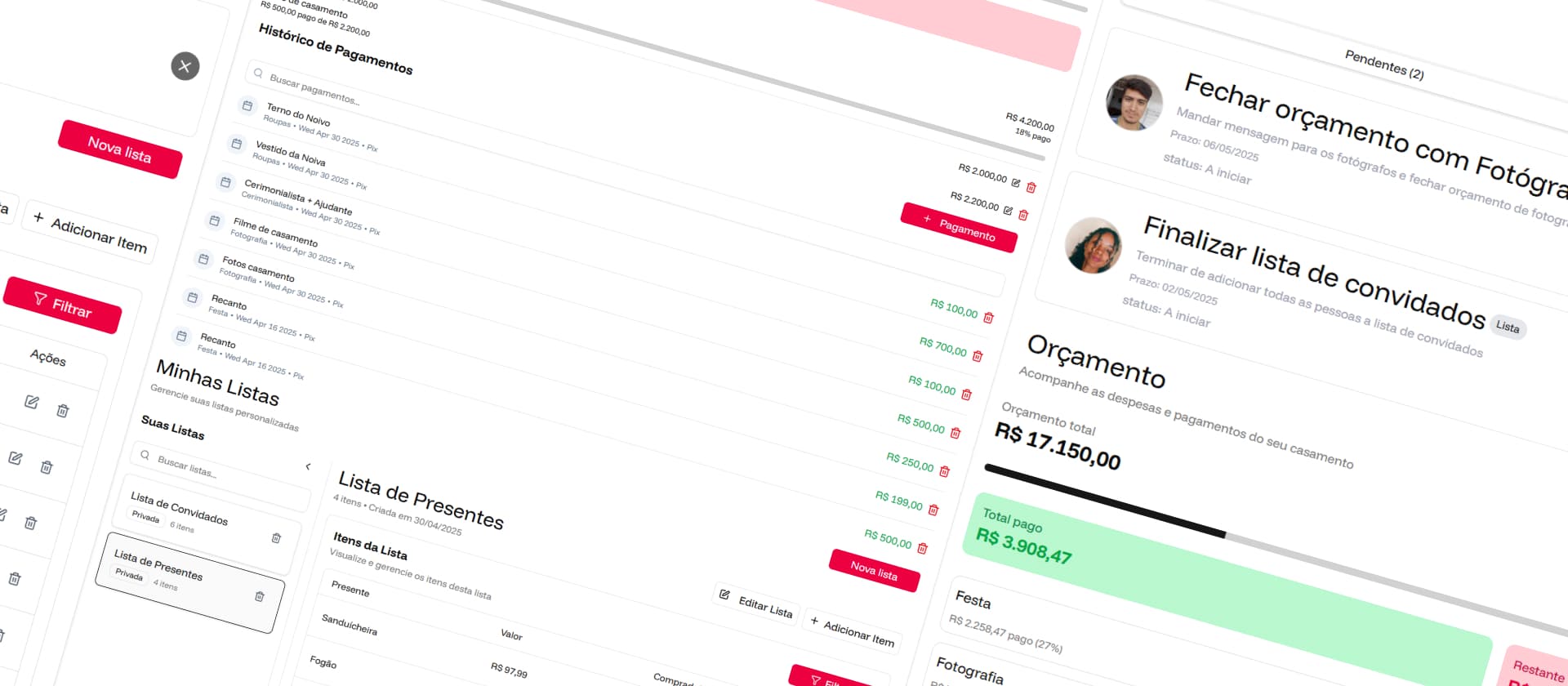 Dashboard do aplicativo de planejamento de casamento